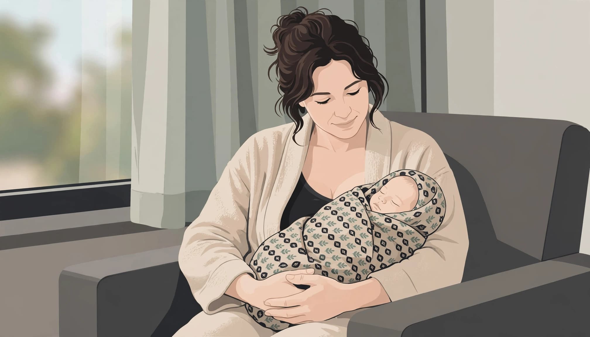 A parent in a robe holds a newborn wrapped in a patterned blanket by a window.