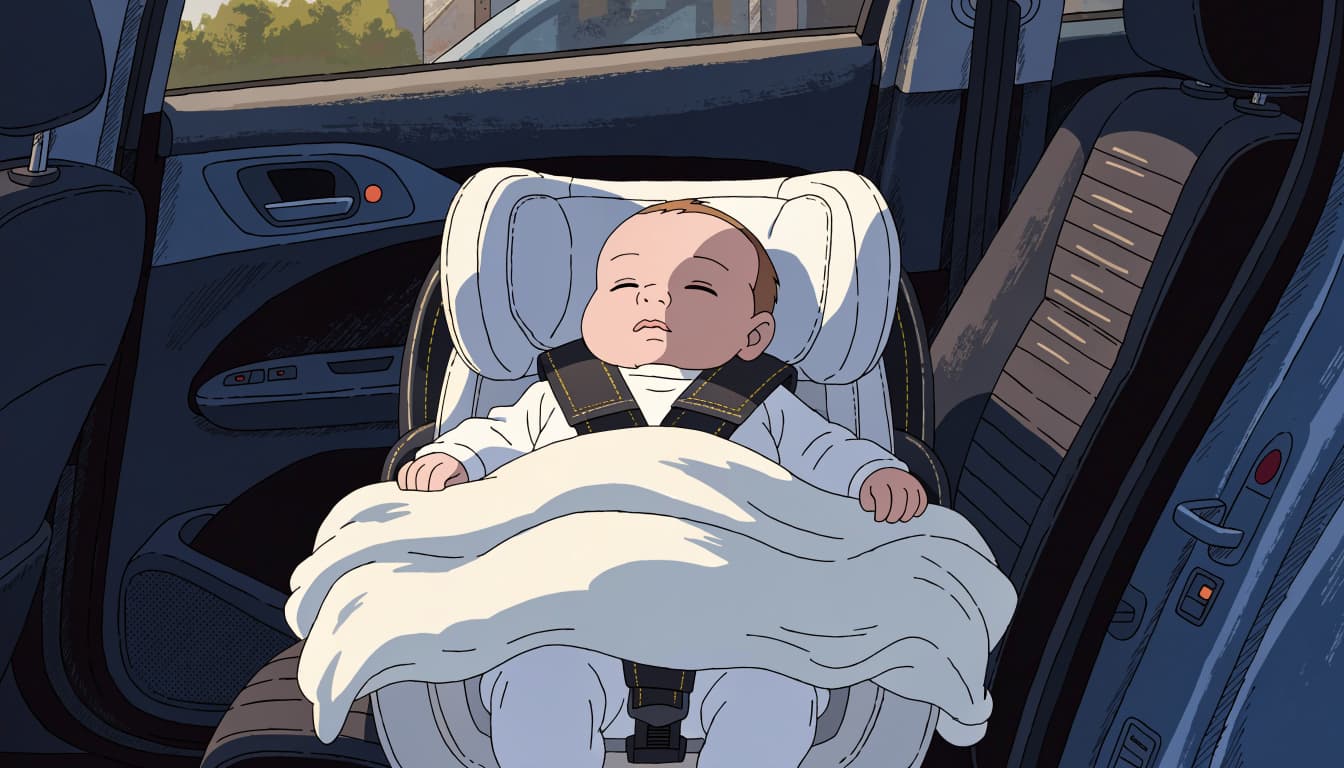 A newborn in a car seat wears a thin sleeper with a light blanket below the face.