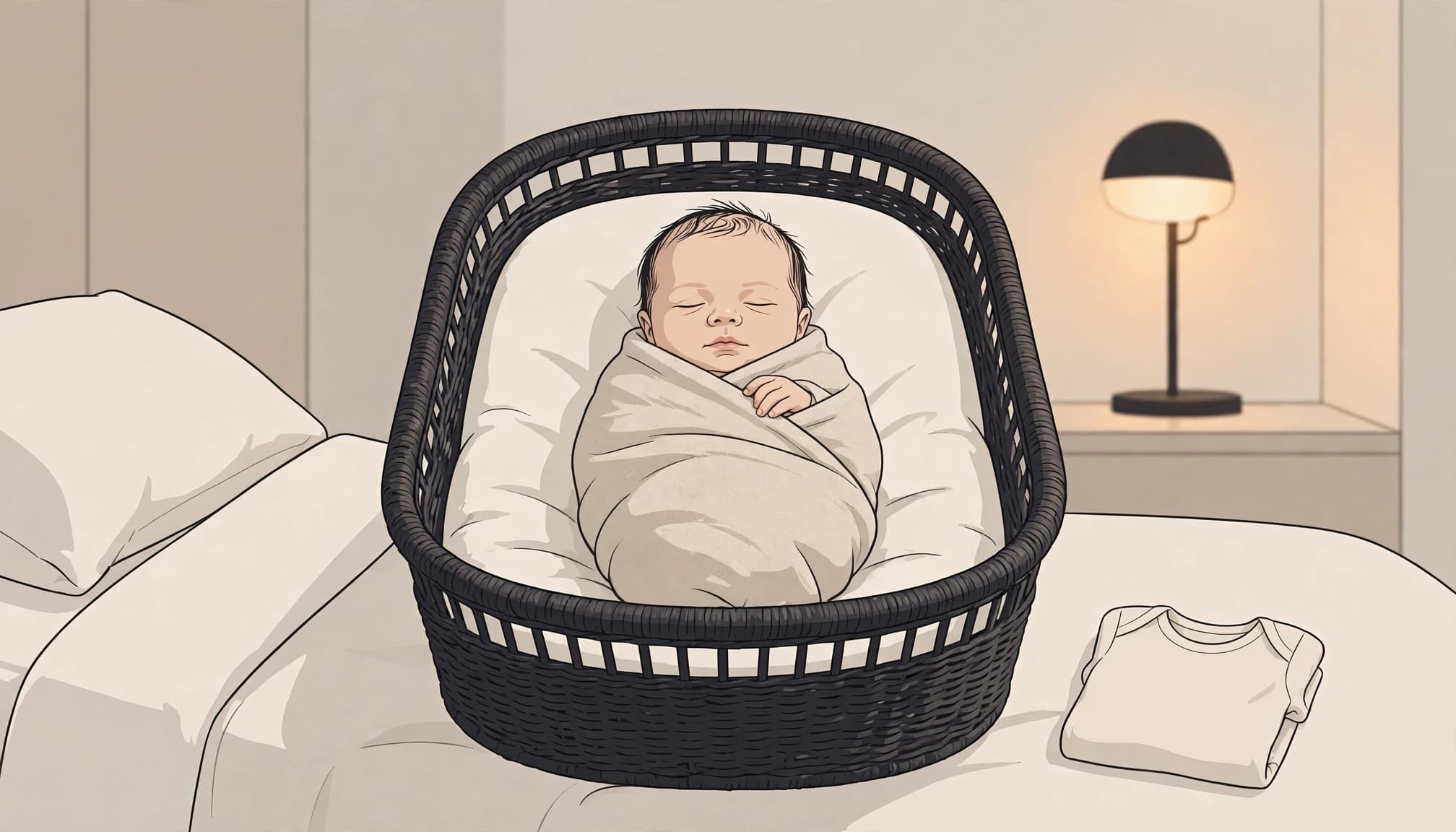 A swaddled newborn rests in a bassinet beside a folded onesie.