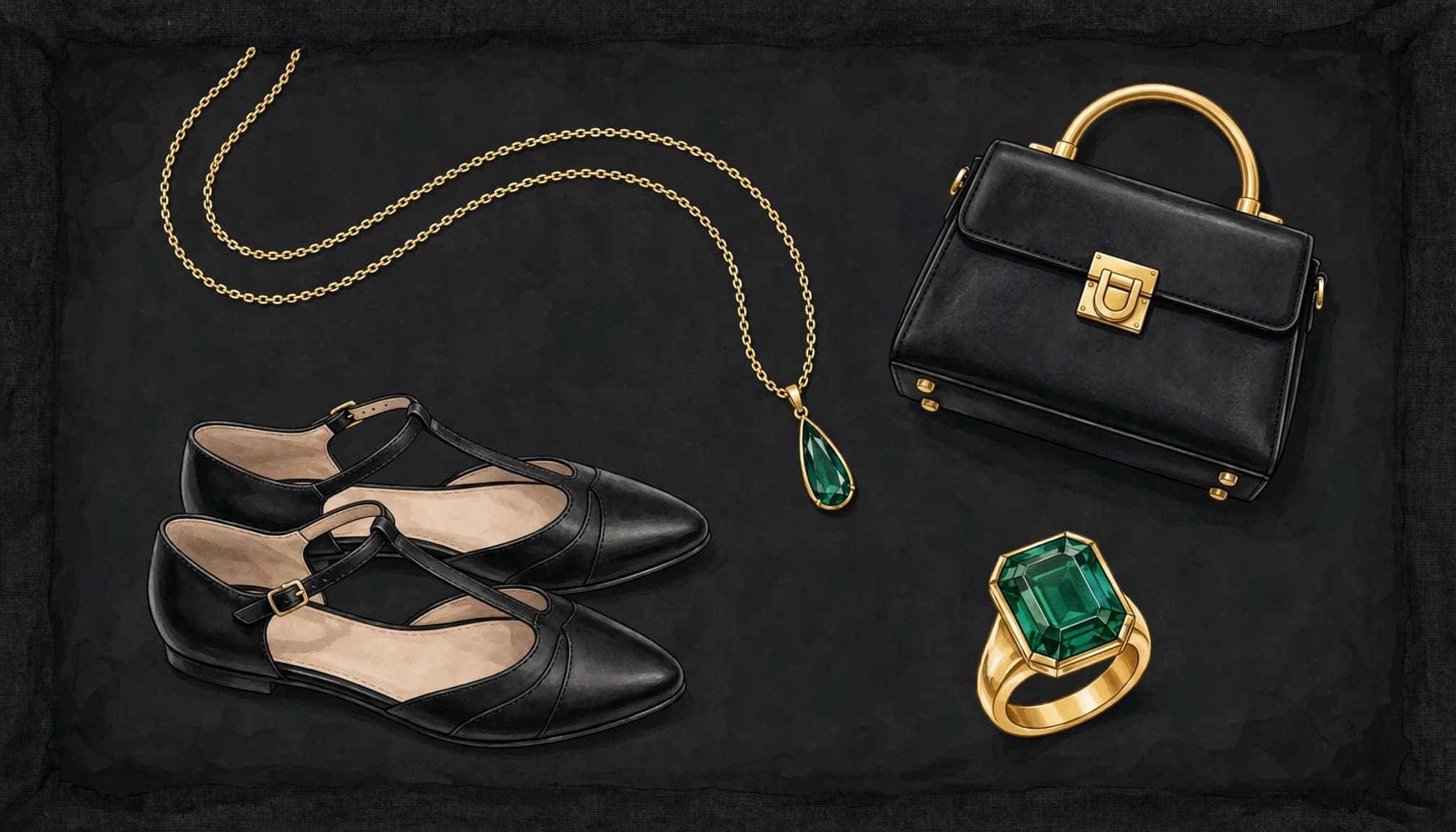 T-strap flats, a mini handbag, necklace, and ring arranged on charcoal.