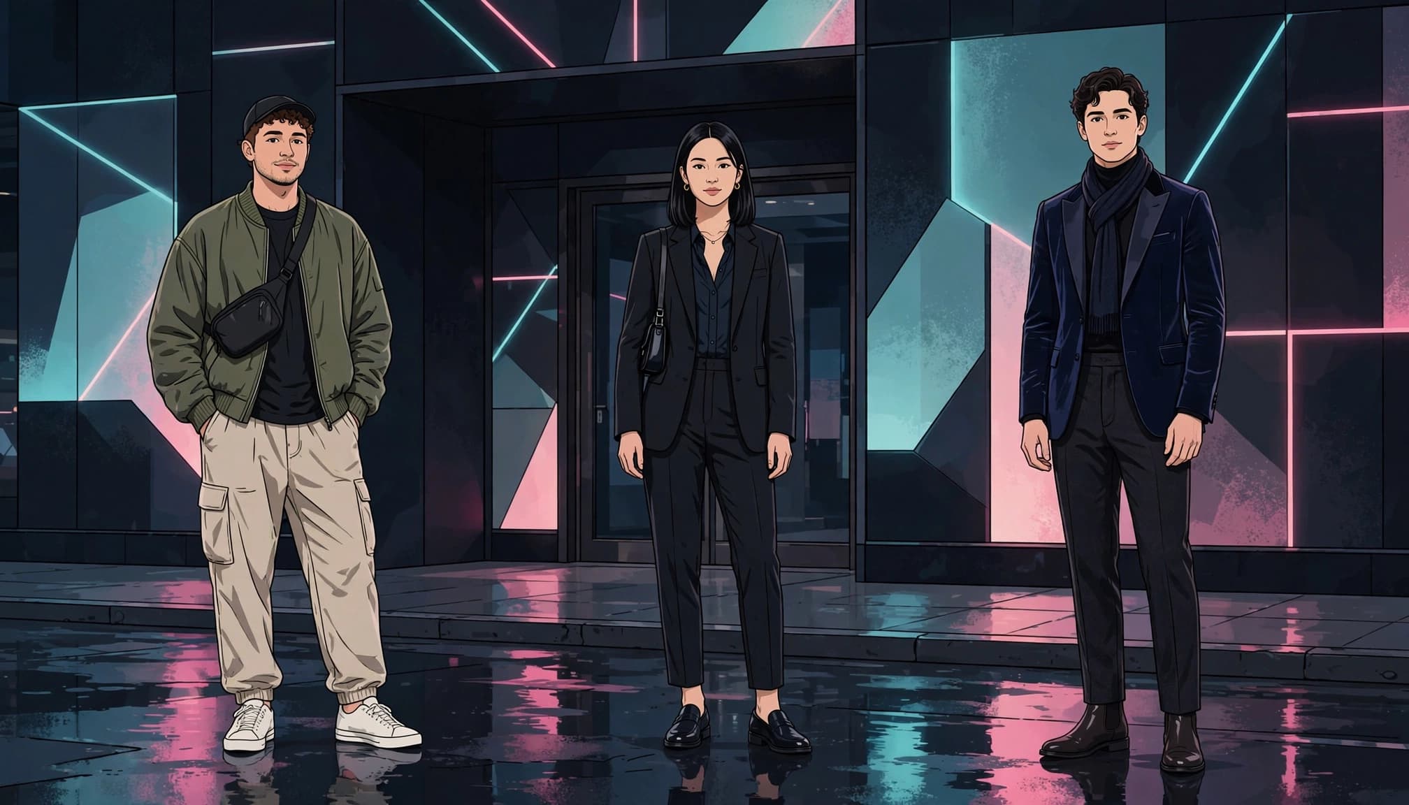 Three friends compare casual, club, and upscale lounge outfits outside a city venue.