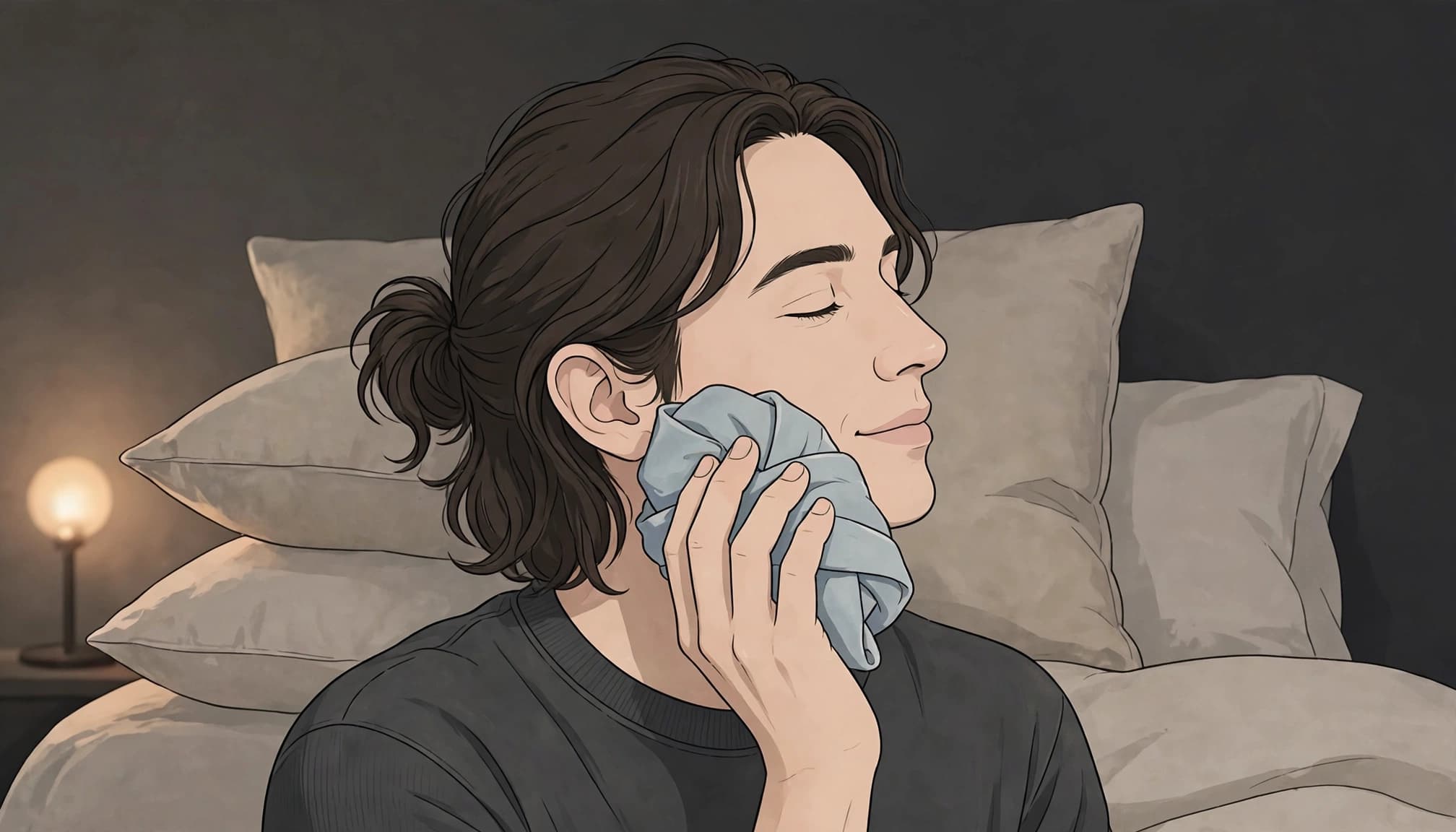 Person holding a wrapped cold compress beside one cheek in a dim bedroom.