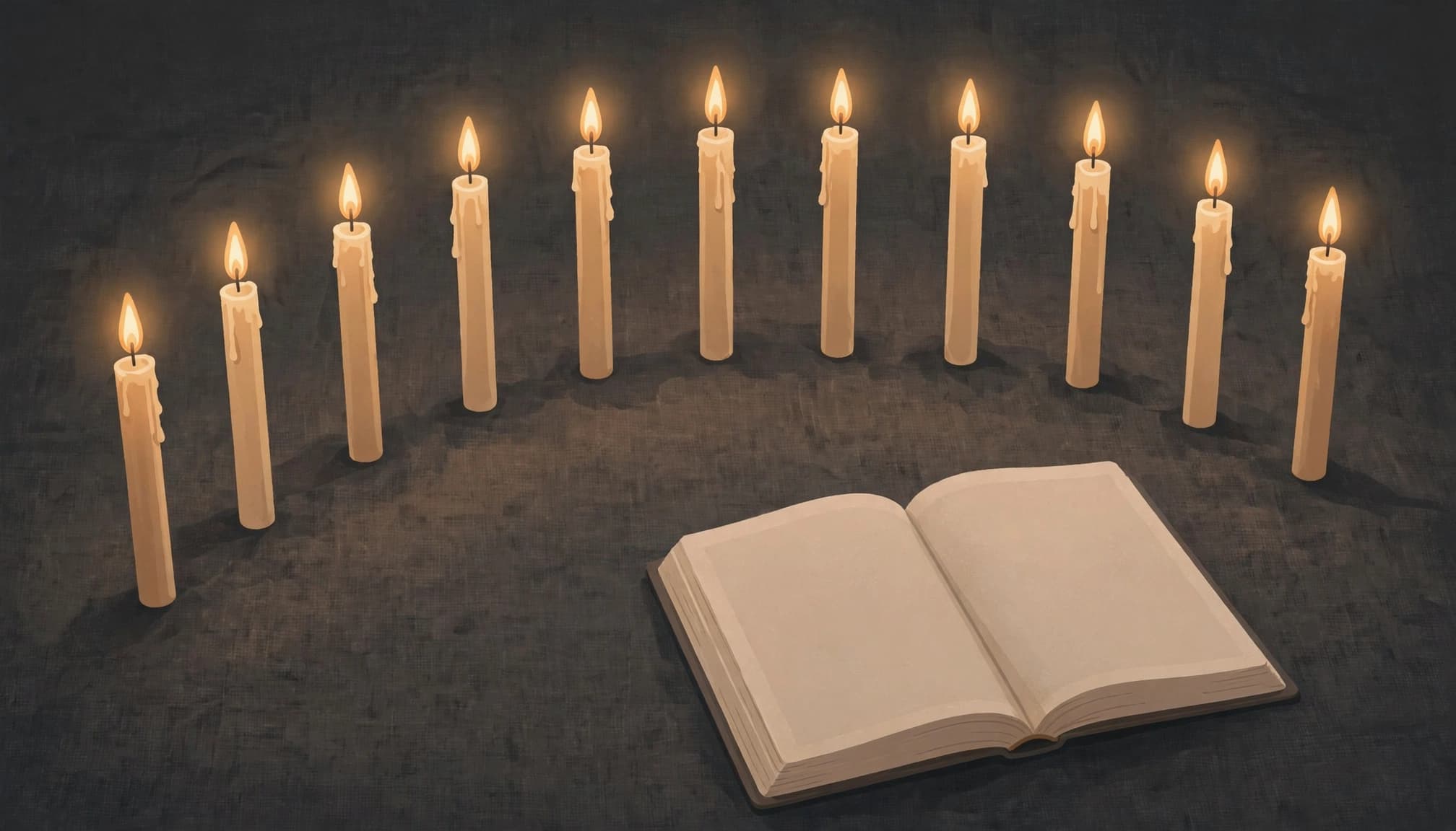 Nine candles curve beside an open Bible on a dark tabletop.