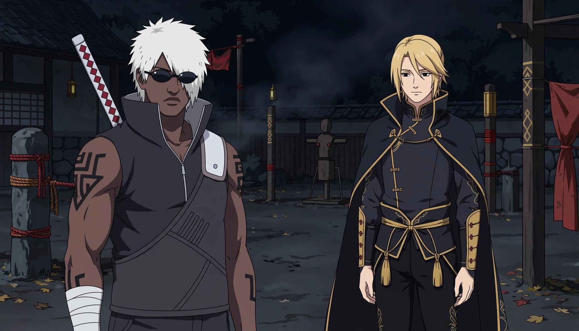 Two male ninja allies stand apart on a dark training ground.