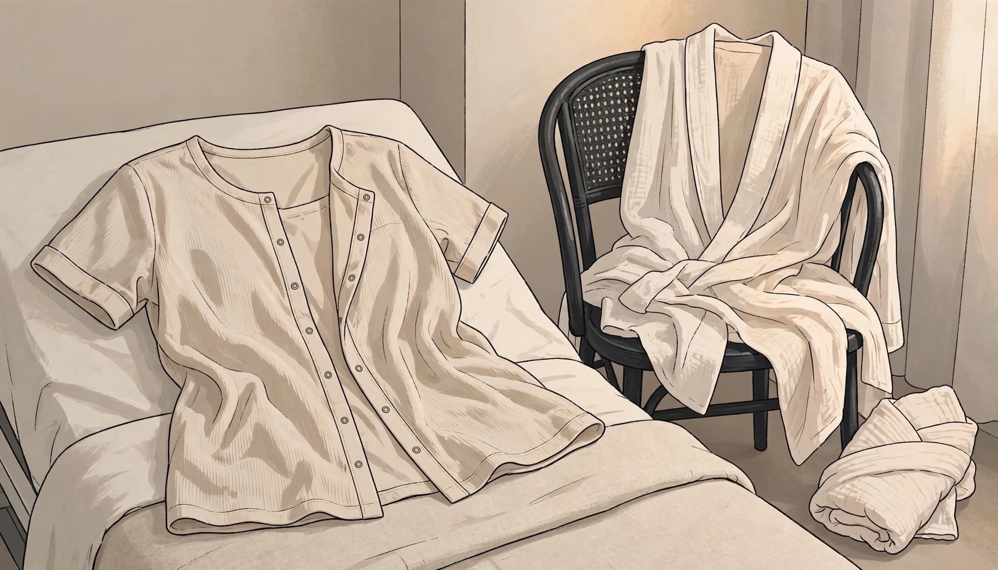 A nursing top and robe rest by a swaddle in a quiet hospital room.