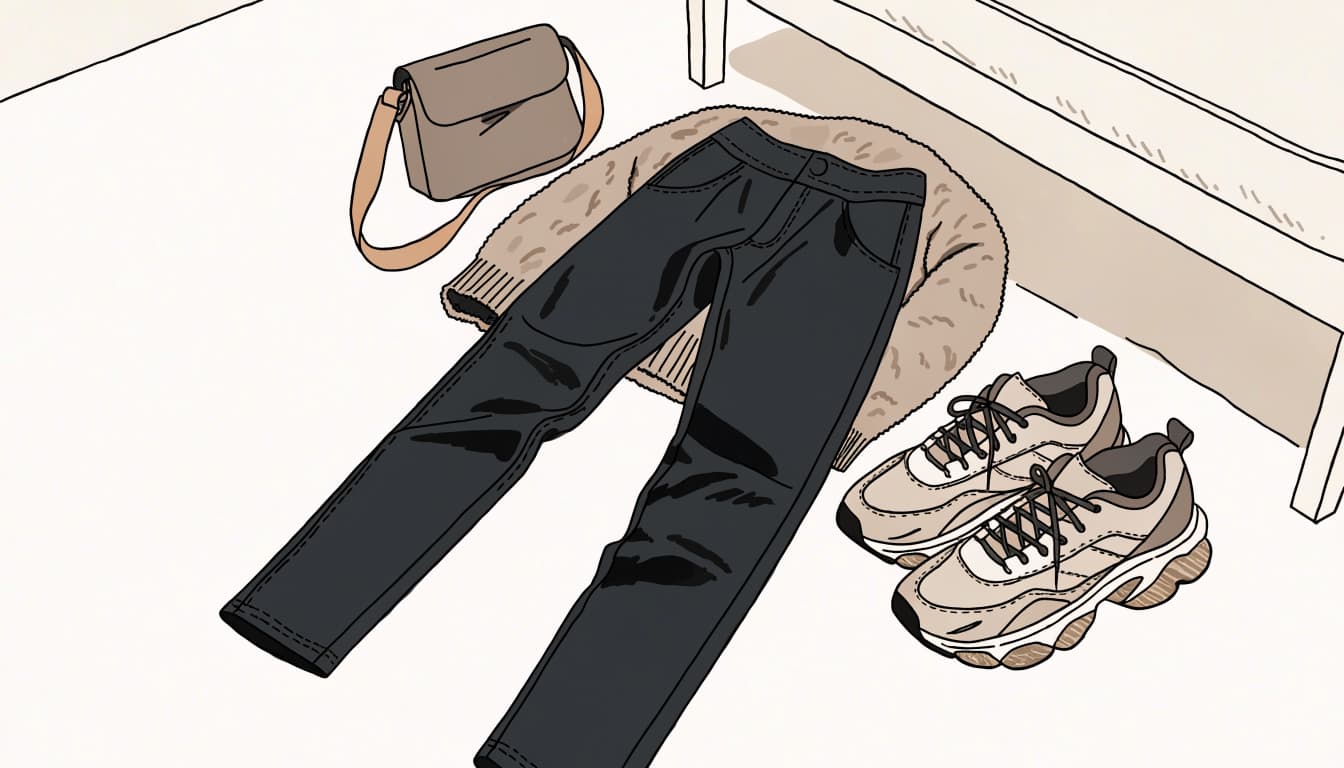 Black leggings, an oatmeal sweater, sneakers, and a crossbody bag arranged on a bedroom floor.