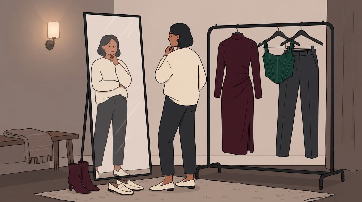 A person stands by a rack of dress and corset outfit options in a dressing room.