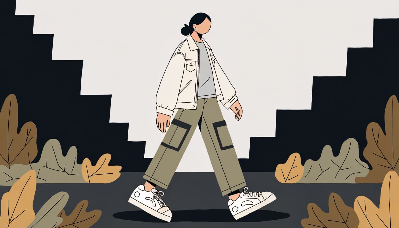 A figure in olive pants, layered tops, and white sneakers walks along a park path.