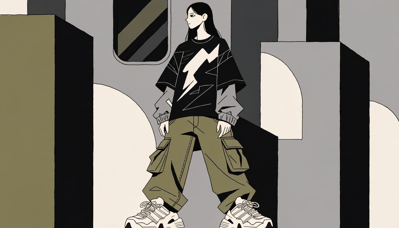 A person wears olive cargo pants, a black graphic tee, a gray overshirt, and white sneakers.