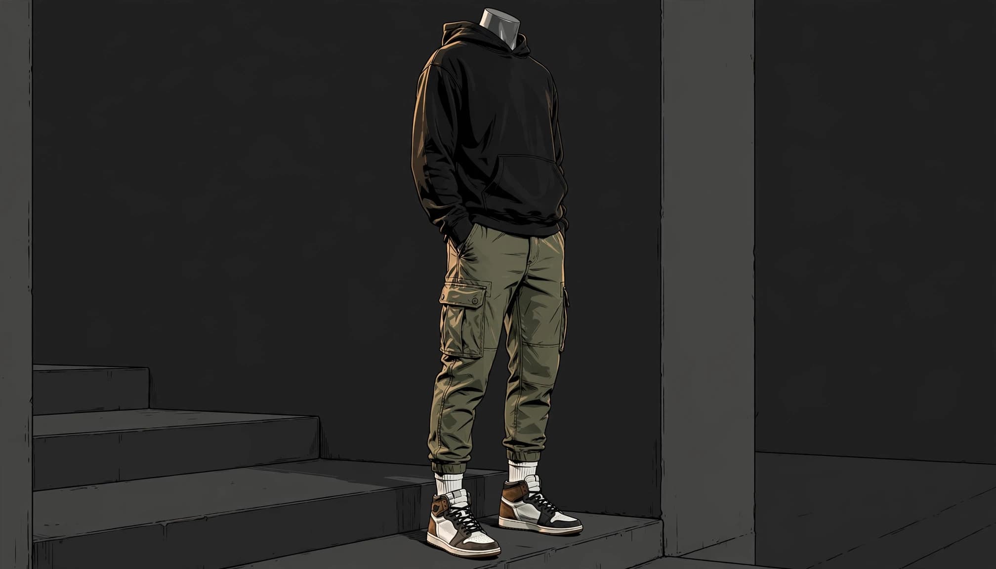 A mannequin wears olive cargos, a black hoodie, white socks, and color-blocked high-top sneakers.