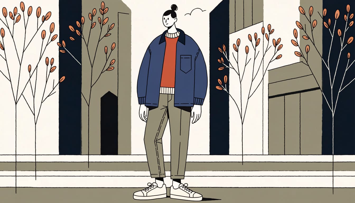 A person wears olive chinos, a rust sweater, and a navy overshirt on a city sidewalk.