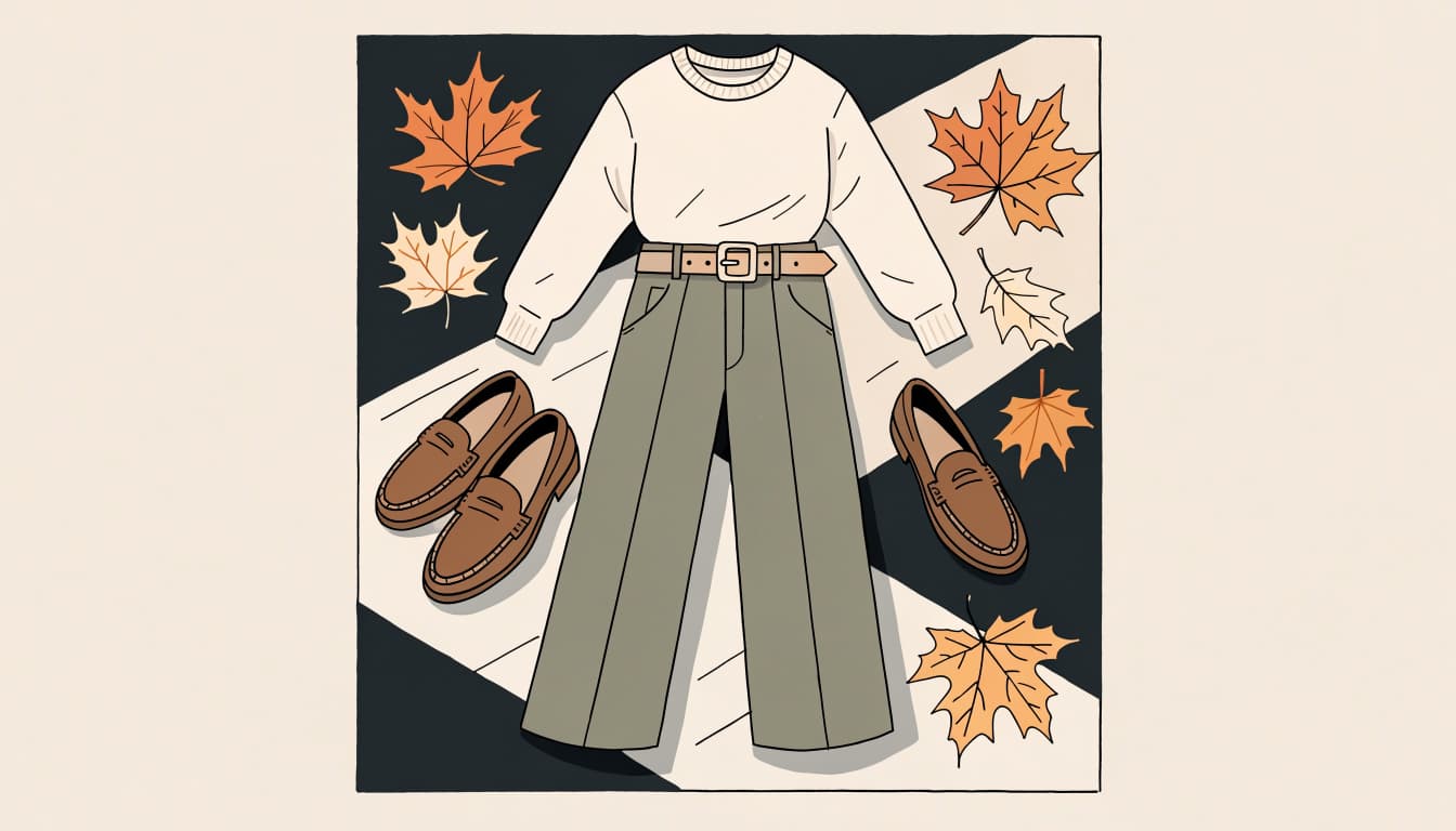 An olive and cream outfit with a tan belt and brown loafers rests among autumn leaves.
