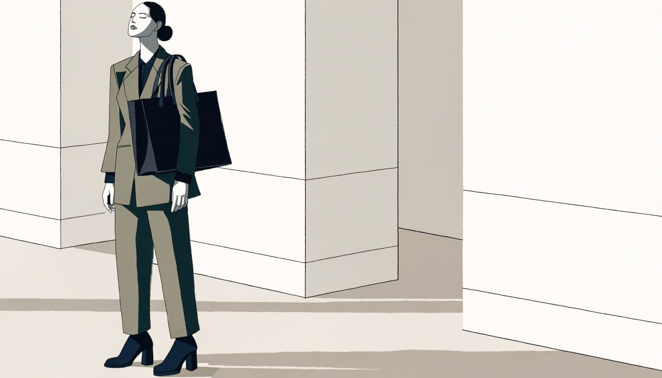 A woman in an olive jumpsuit and blazer stands in a bright office corridor.
