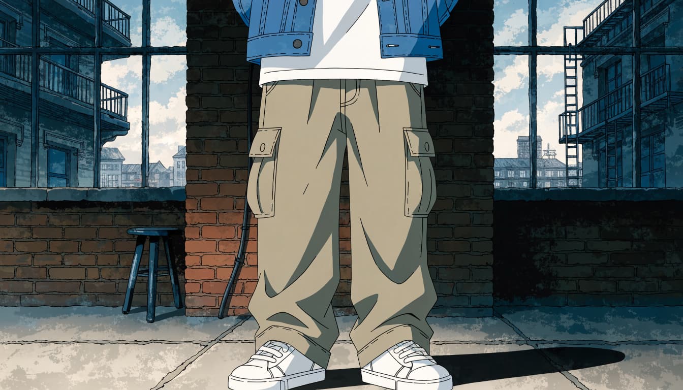 A mannequin wears olive pants, a white tee, a blue denim jacket, and white sneakers.