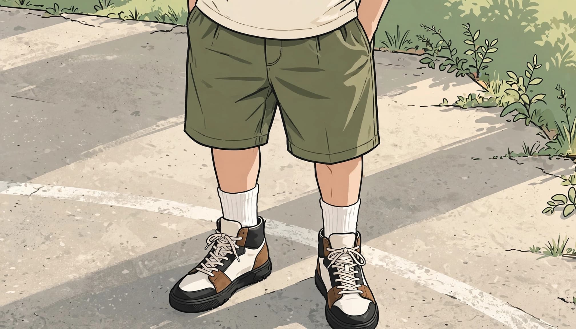 Olive shorts, a cream tee, white crew socks, and high-top sneakers at a sunny court edge.