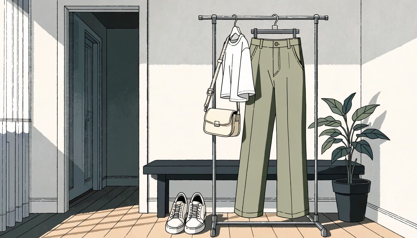 Olive trousers, a white tee, cream bag, and white sneakers arranged in a sunny entryway.