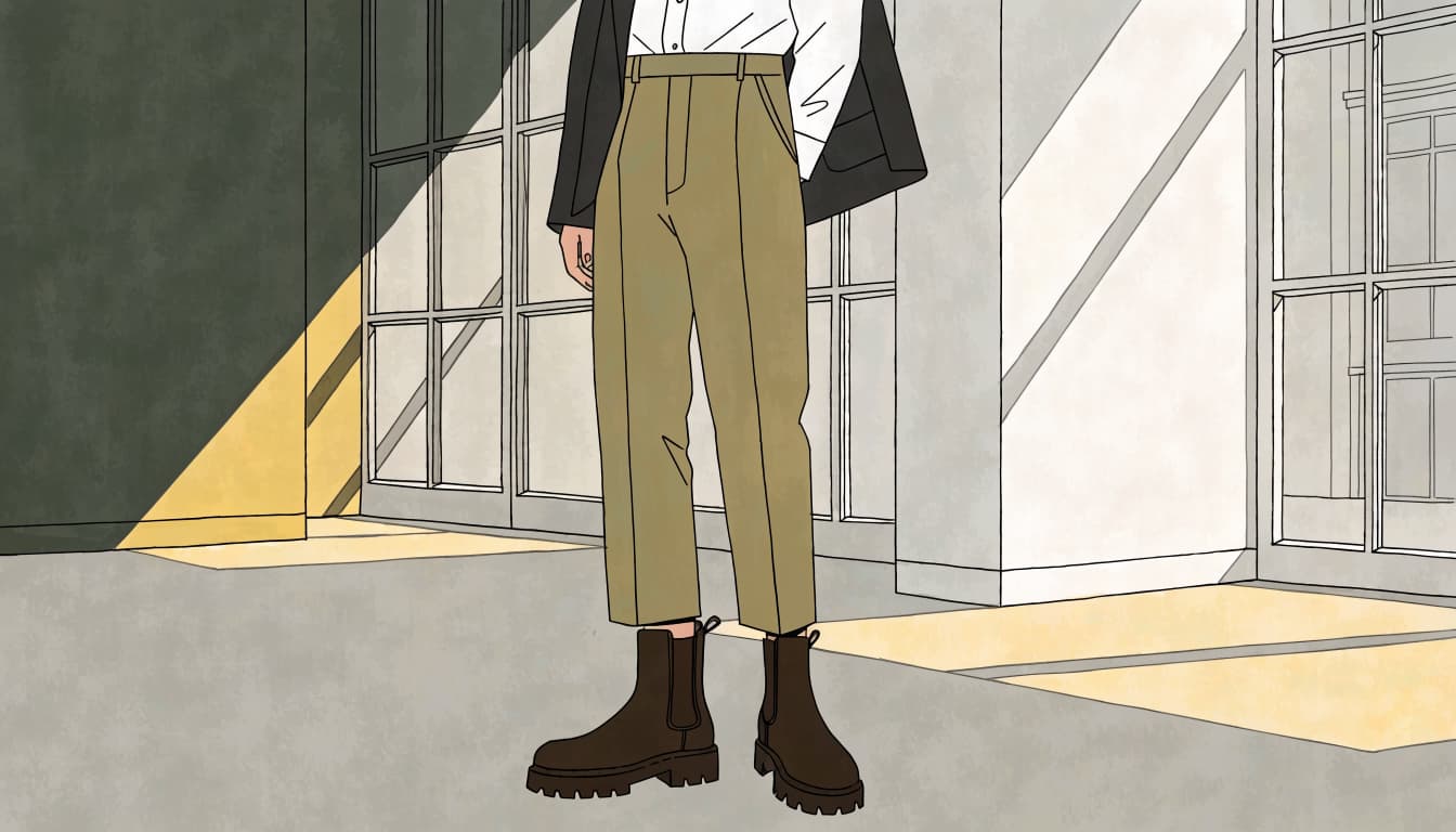 A person in olive trousers and a white shirt stands in an office entry with a blazer over one shoulder.