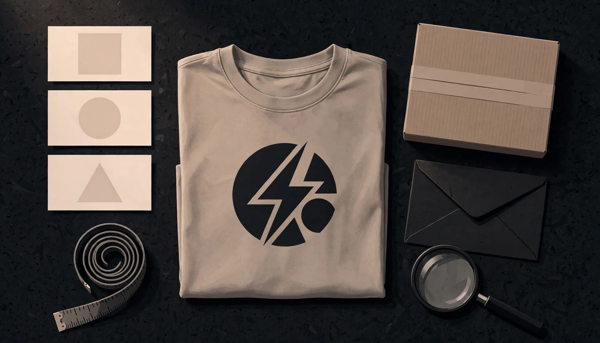 A folded graphic T-shirt with sizing cards, package, return envelope, and magnifying glass.