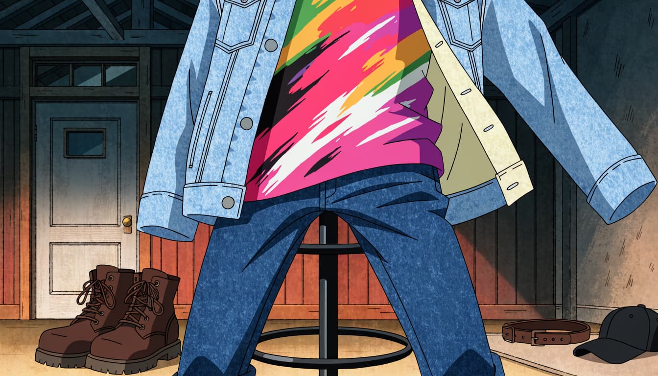 An open denim jacket reveals a colorful graphic tee above dark jeans, with boots and a cap nearby.