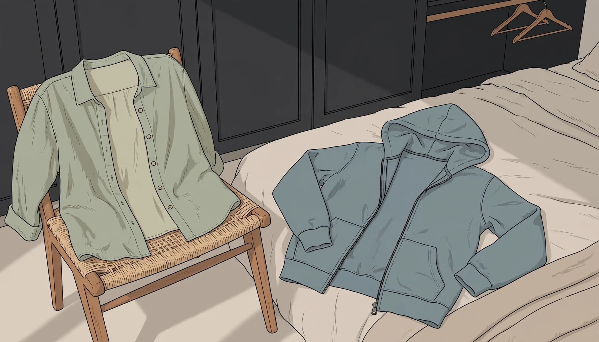 An open button shirt and zip hoodie arranged on a chair and bed.
