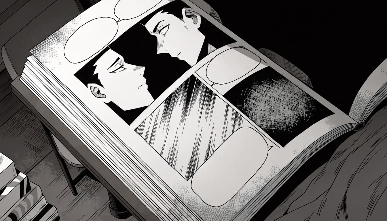 An open manga book on a table showing black and white panels with characters and blank speech bubbles.