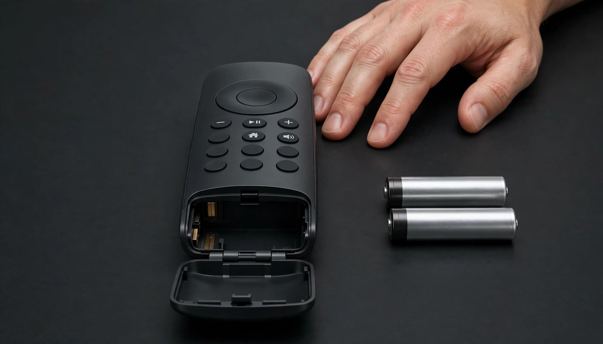 Hand beside an open remote with two batteries.