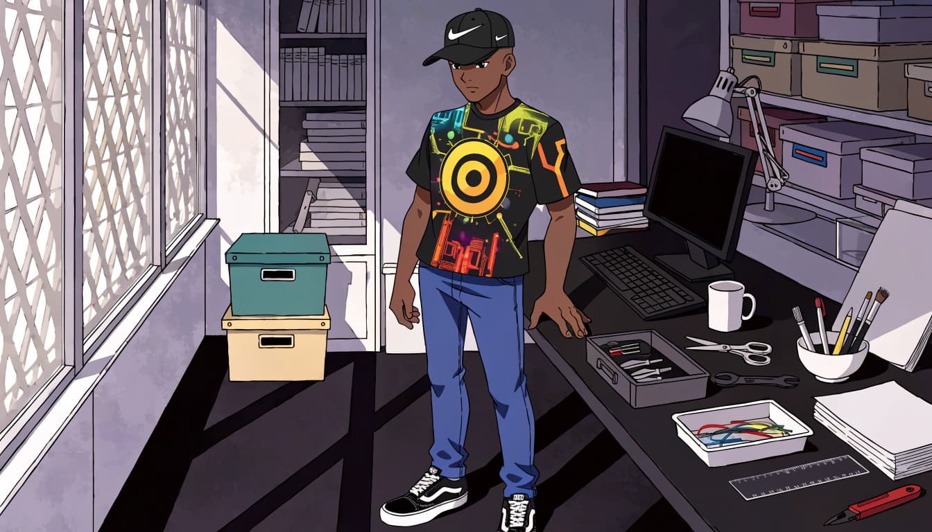 Anime-style illustration of a man standing in a creative studio next to a desk.