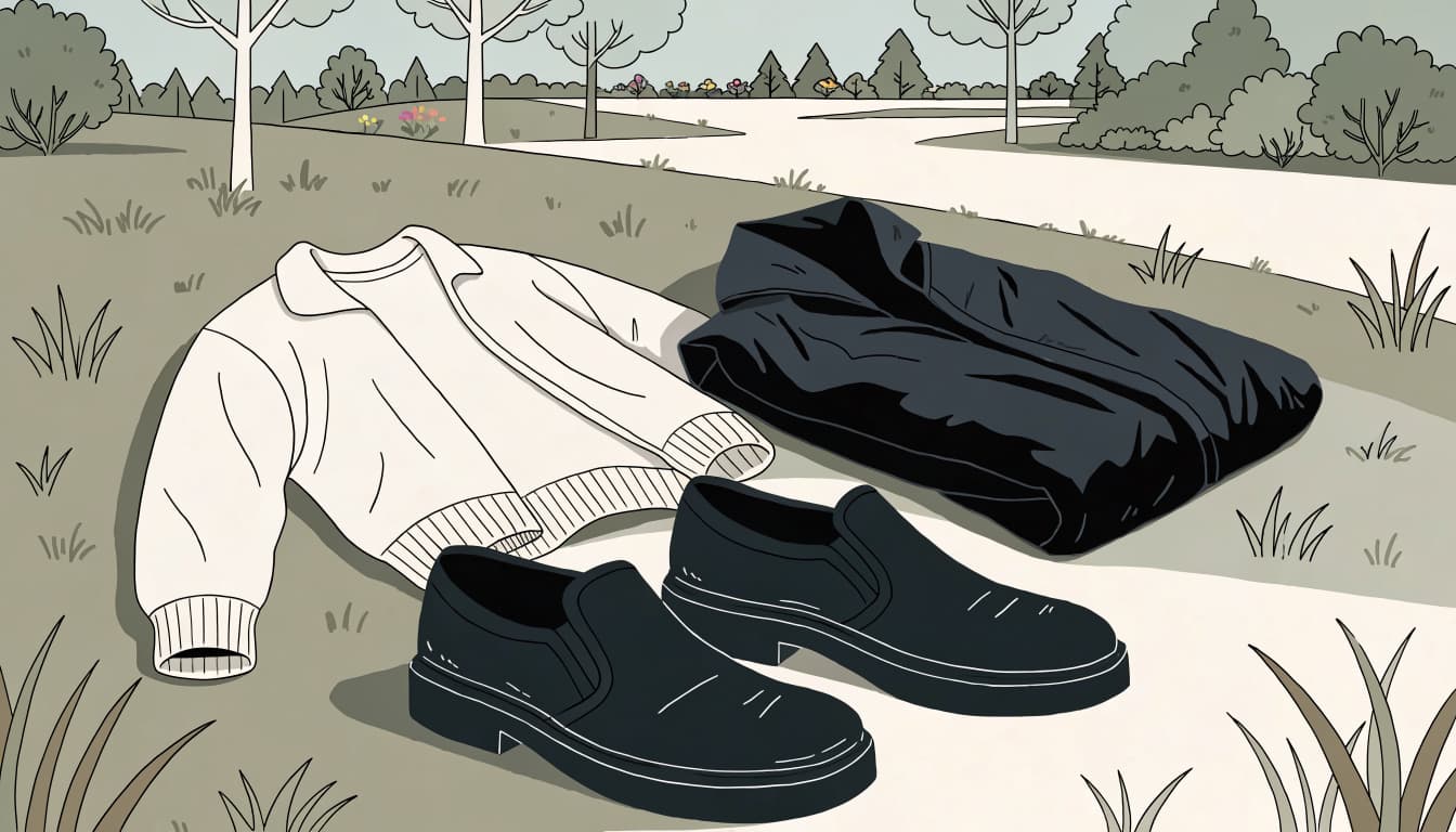 Walking shoes, a cardigan, and a folded jacket beside a grassy park path.