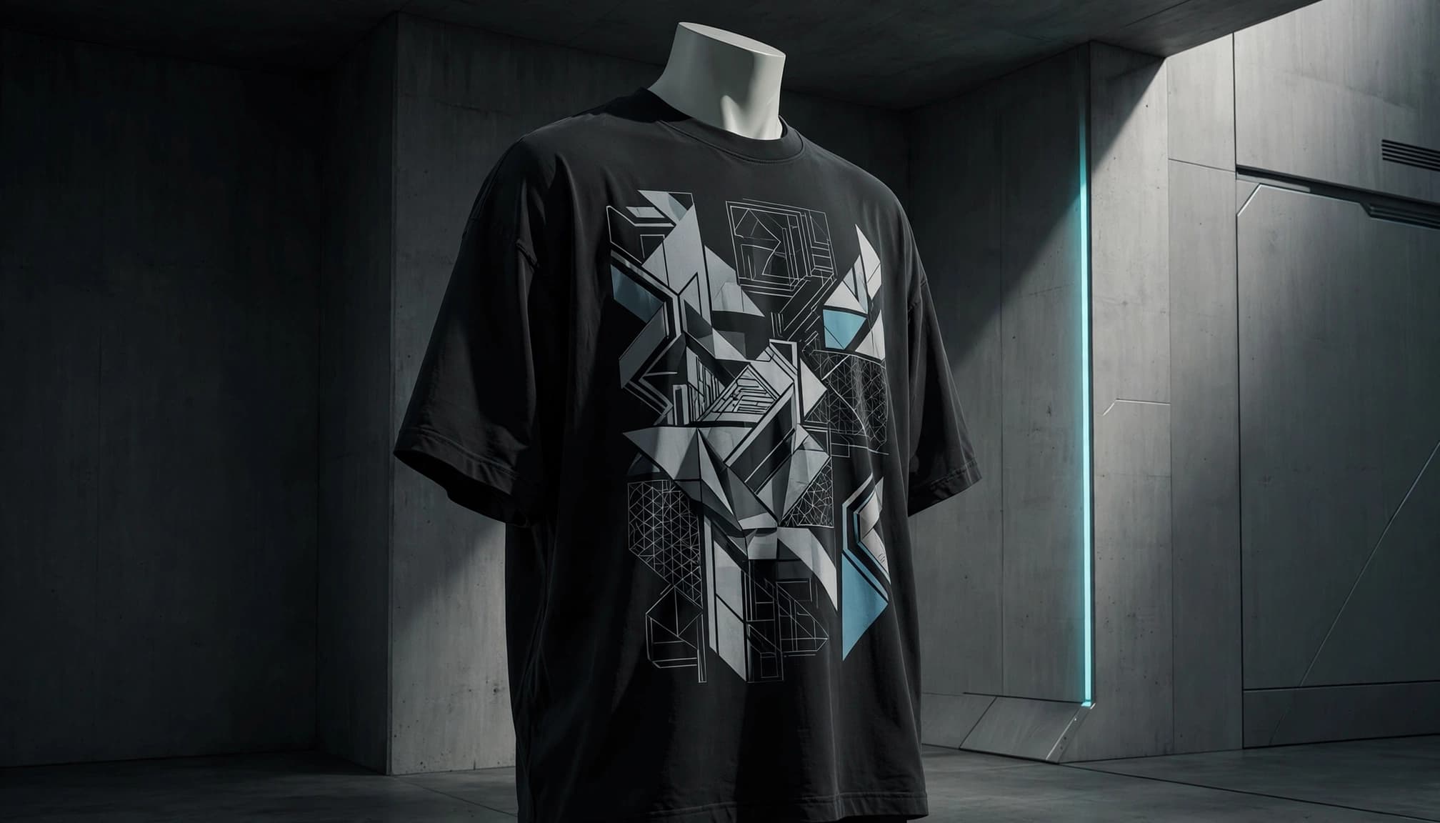 Headless mannequin wearing an oversized geometric graphic T-shirt in a concrete alcove.