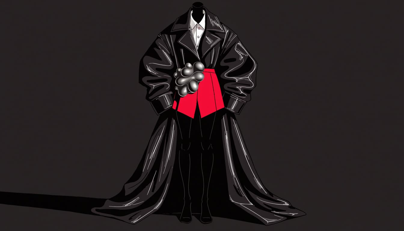 An oversized black jacket and red shorts on a dress form against a charcoal backdrop.