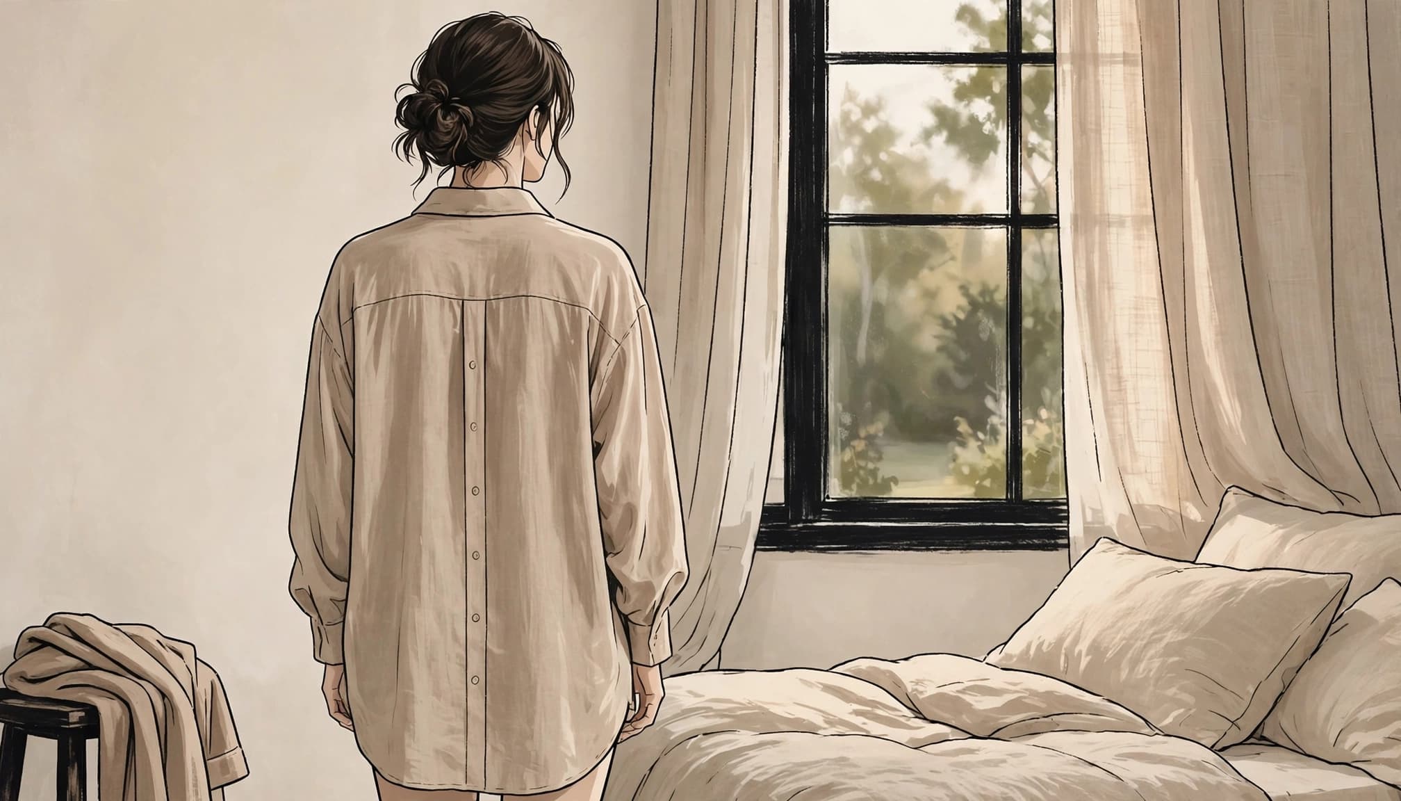 A person in an oversized shirt stands near a window in a softly lit room.
