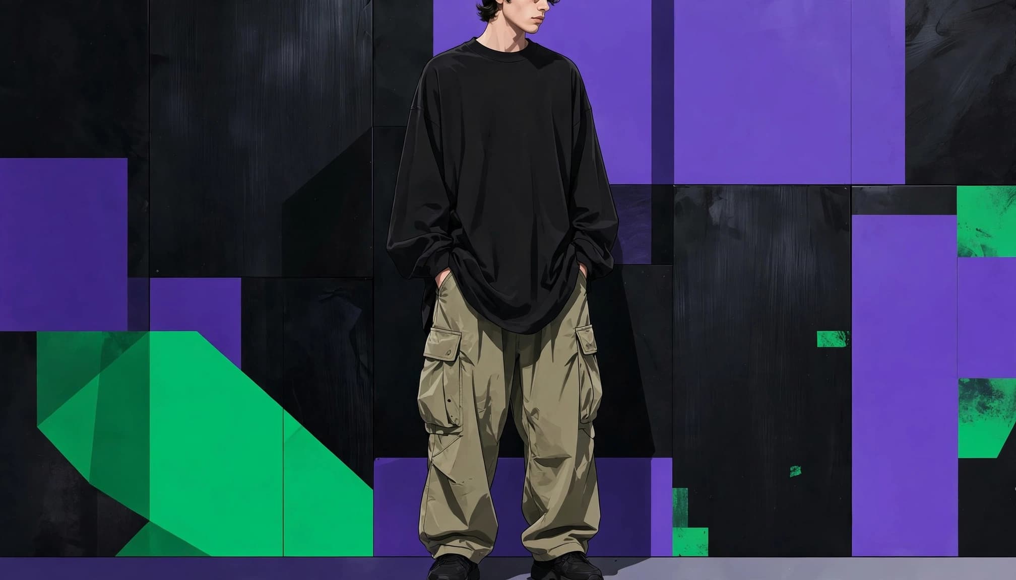 A streetwear model in an oversized blank T-shirt and loose cargo pants against a dark abstract wall.