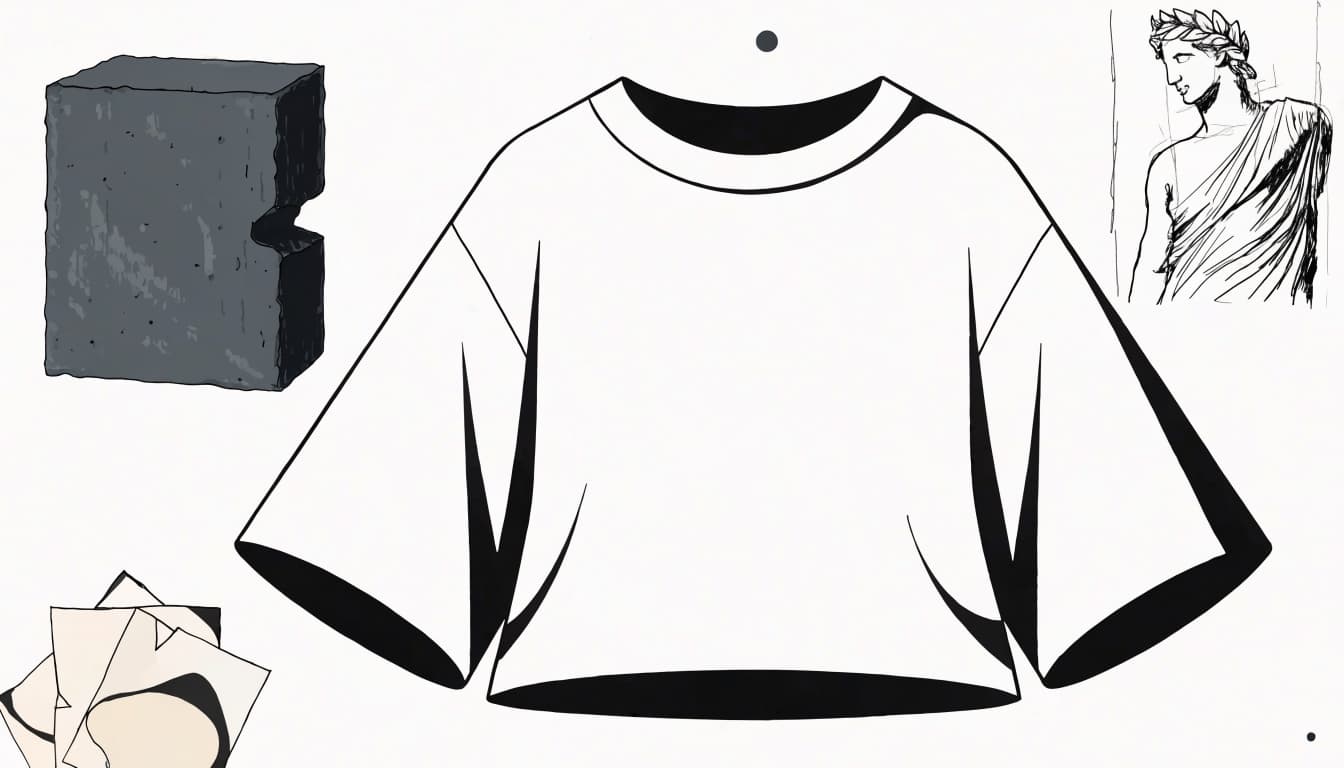 A blank oversized tee surrounded by a statue drawing, block shape, and color swatches.