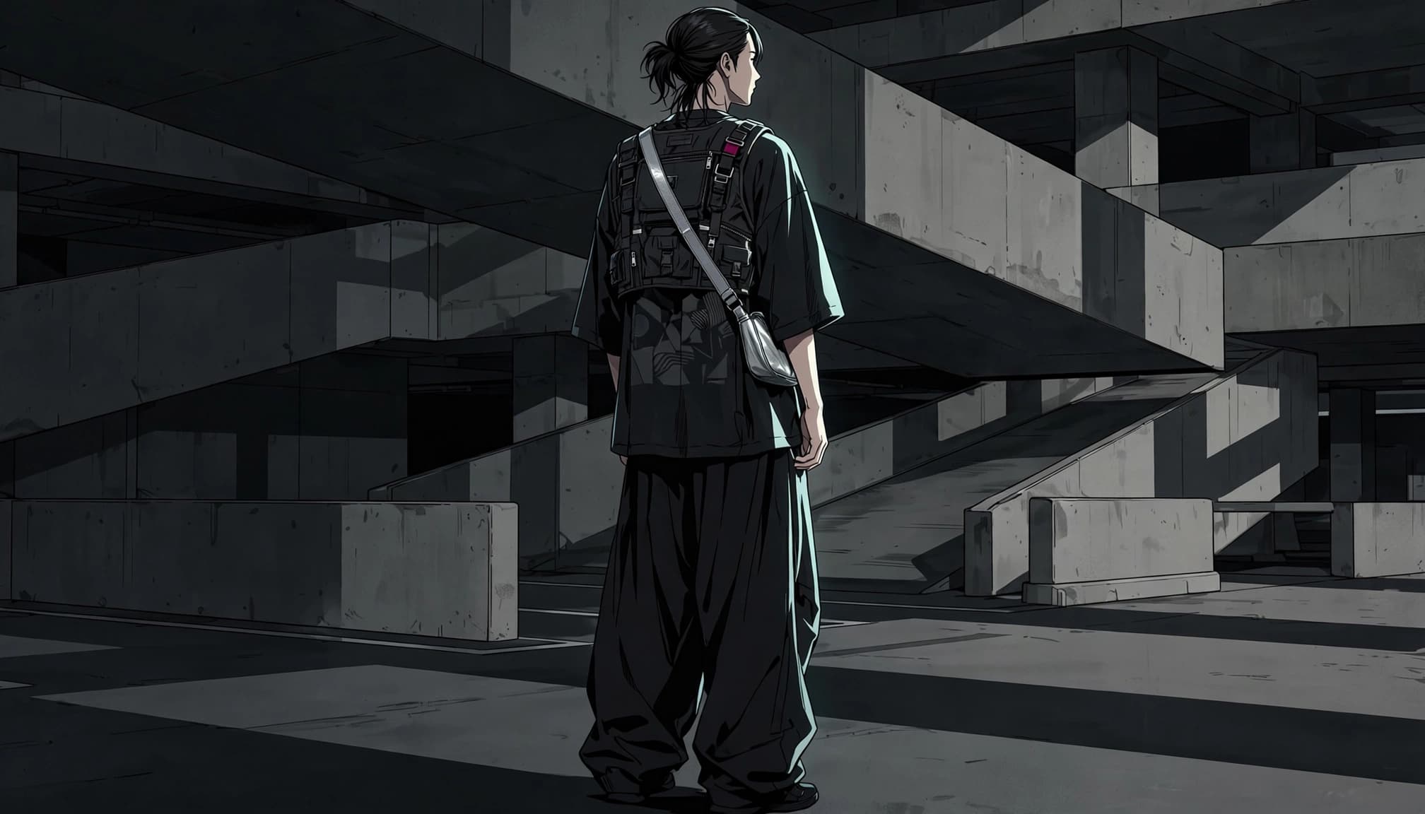 One person wears an oversized tee, cropped vest, wide trousers, and a silver bag in a concrete garage.