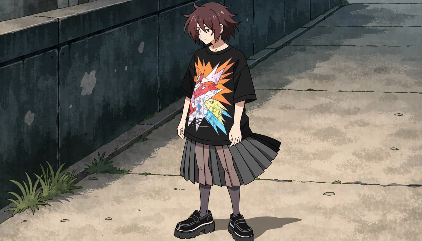 A person wears an oversized black tee, pleated skirt, tights, and chunky loafers.
