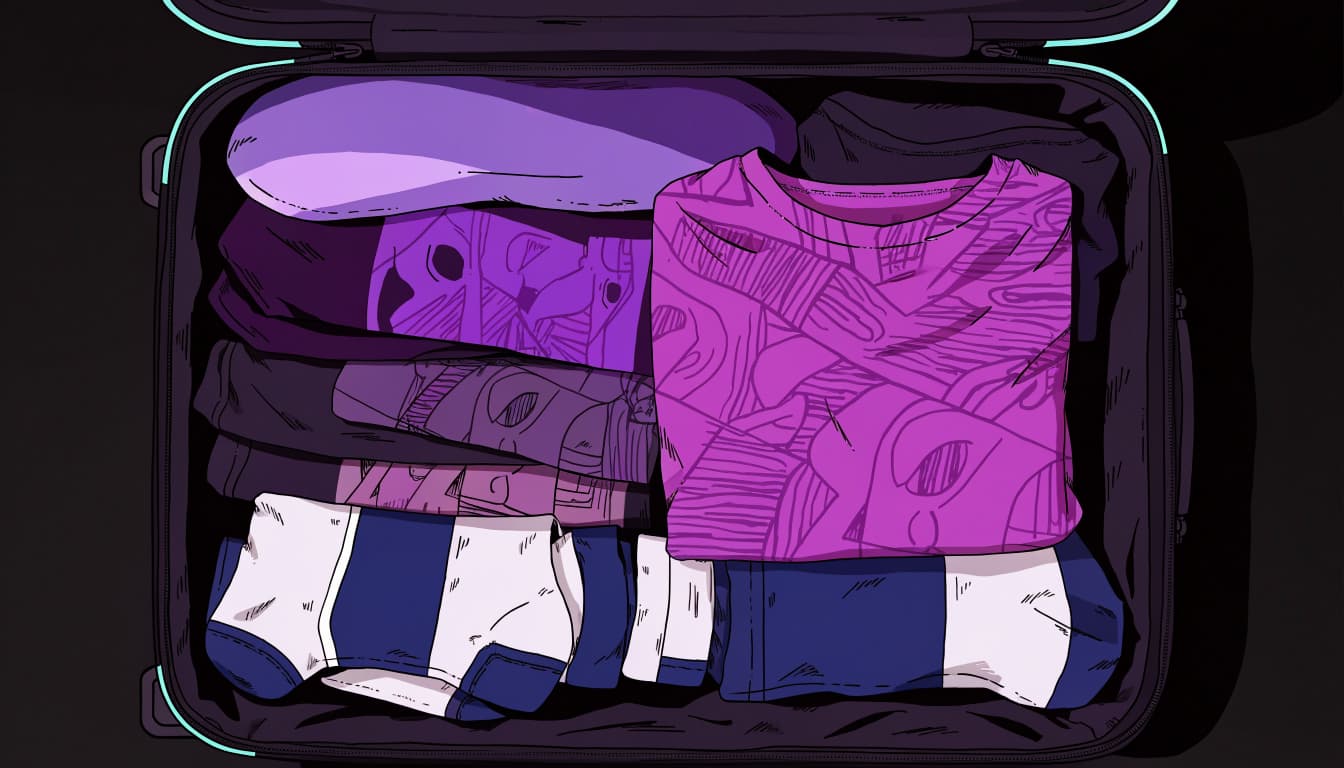 A carry-on suitcase packed with folded graphic tees, socks, and a neck pillow.