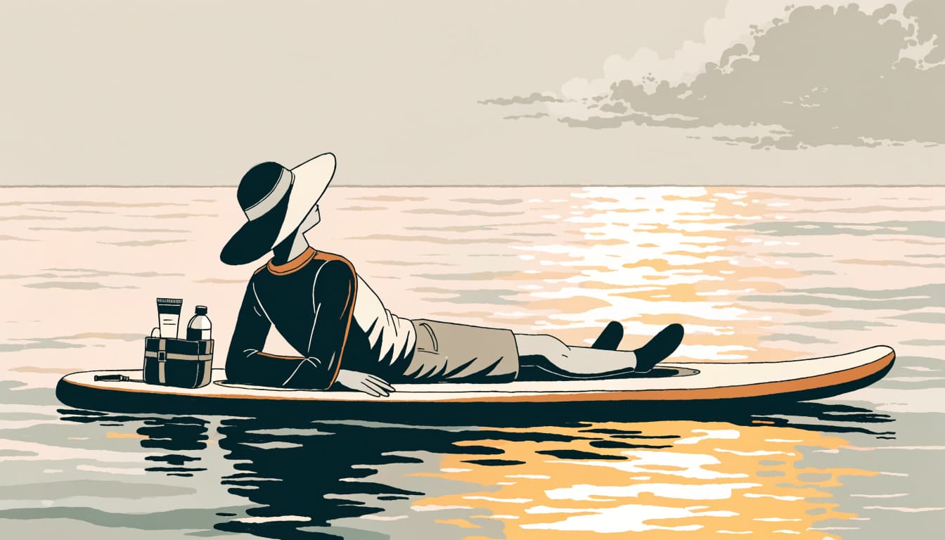 A paddleboarder rests on a sunny lake with sunscreen and water in a deck bag.
