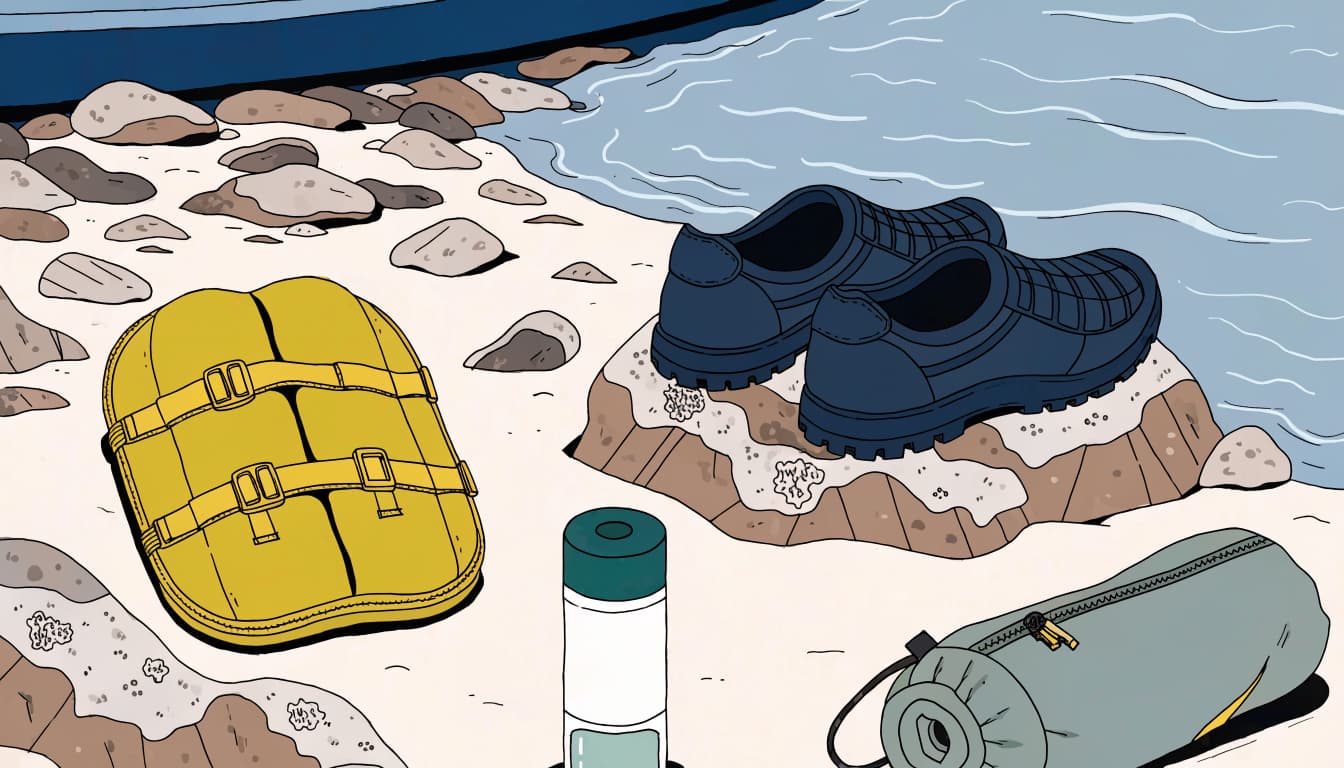 Water shoes, a buckled flotation vest, sunscreen, and a dry bag arranged beside a lake.
