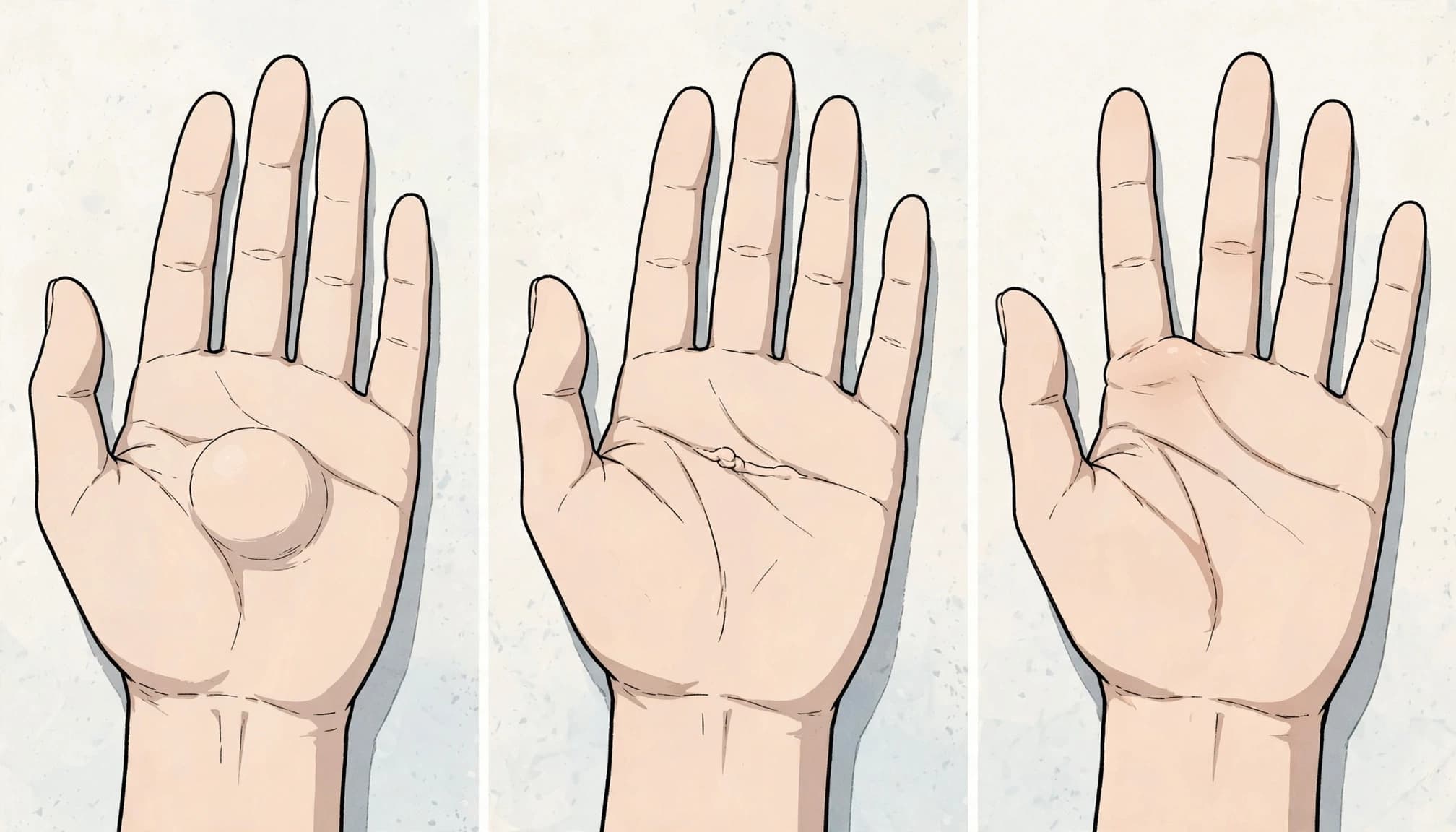 Three hand illustrations show different small bumps on the palm and near a finger base.