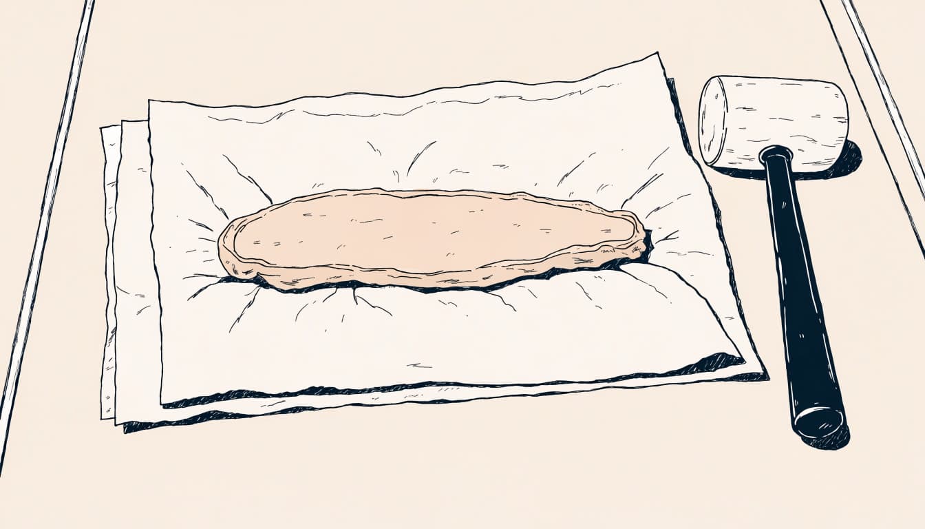 A flattened pork chop sits between parchment sheets with a meat mallet nearby.