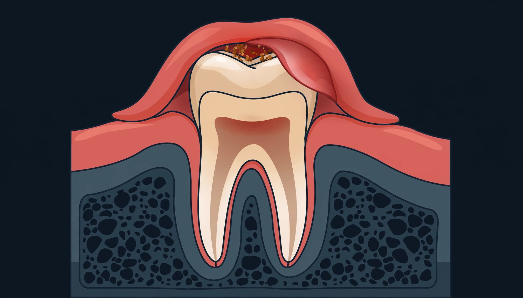 Lower wisdom tooth partly covered by a gum flap with trapped food particles.