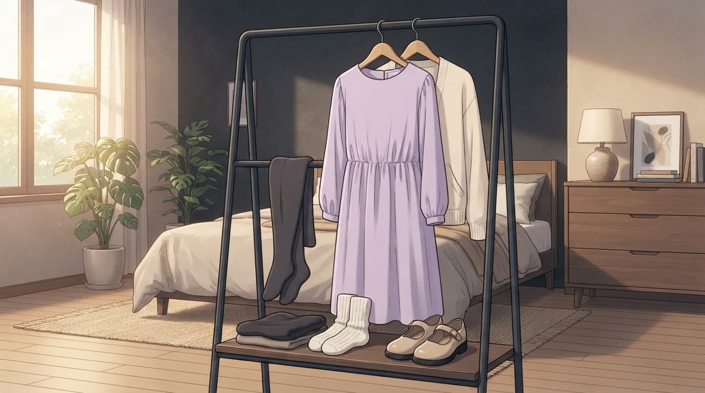A lavender dress, cardigan, tights, socks, and shoes arranged on a bedroom rack.
