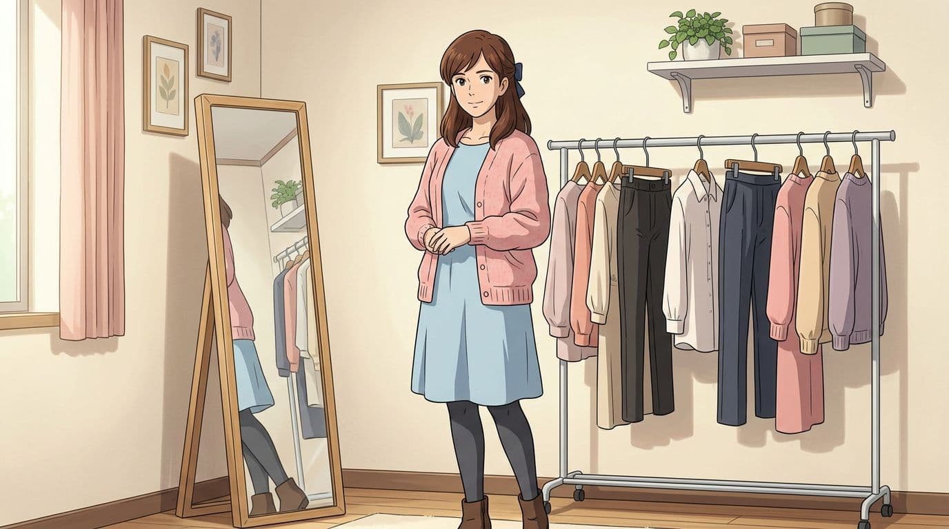 An adult woman in a pastel dress and cardigan stands beside a full-length mirror.