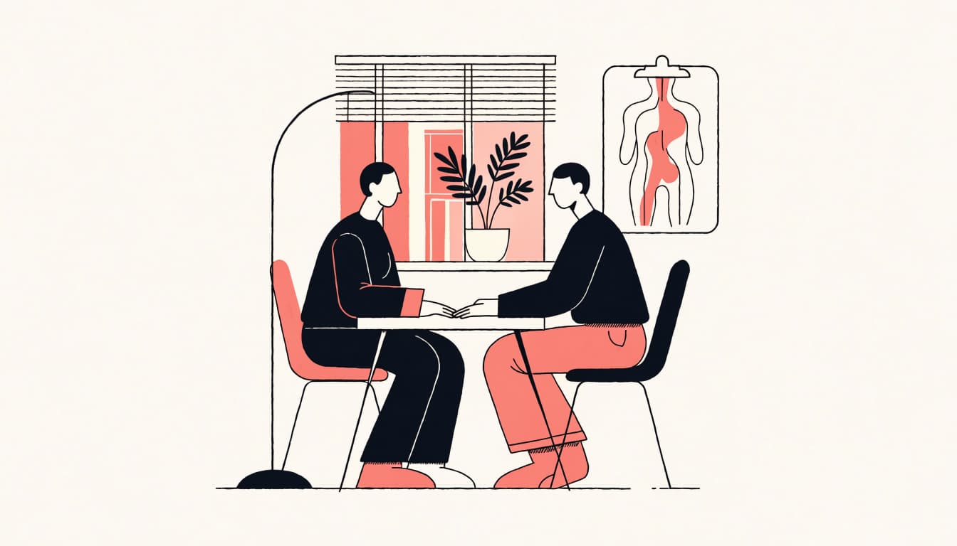 A patient and clinician talk across a small table in a bright clinic.