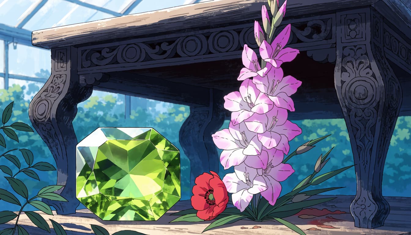 An anime-style illustration of a peridot gemstone, a pink gladiolus, and a red poppy on a workbench.