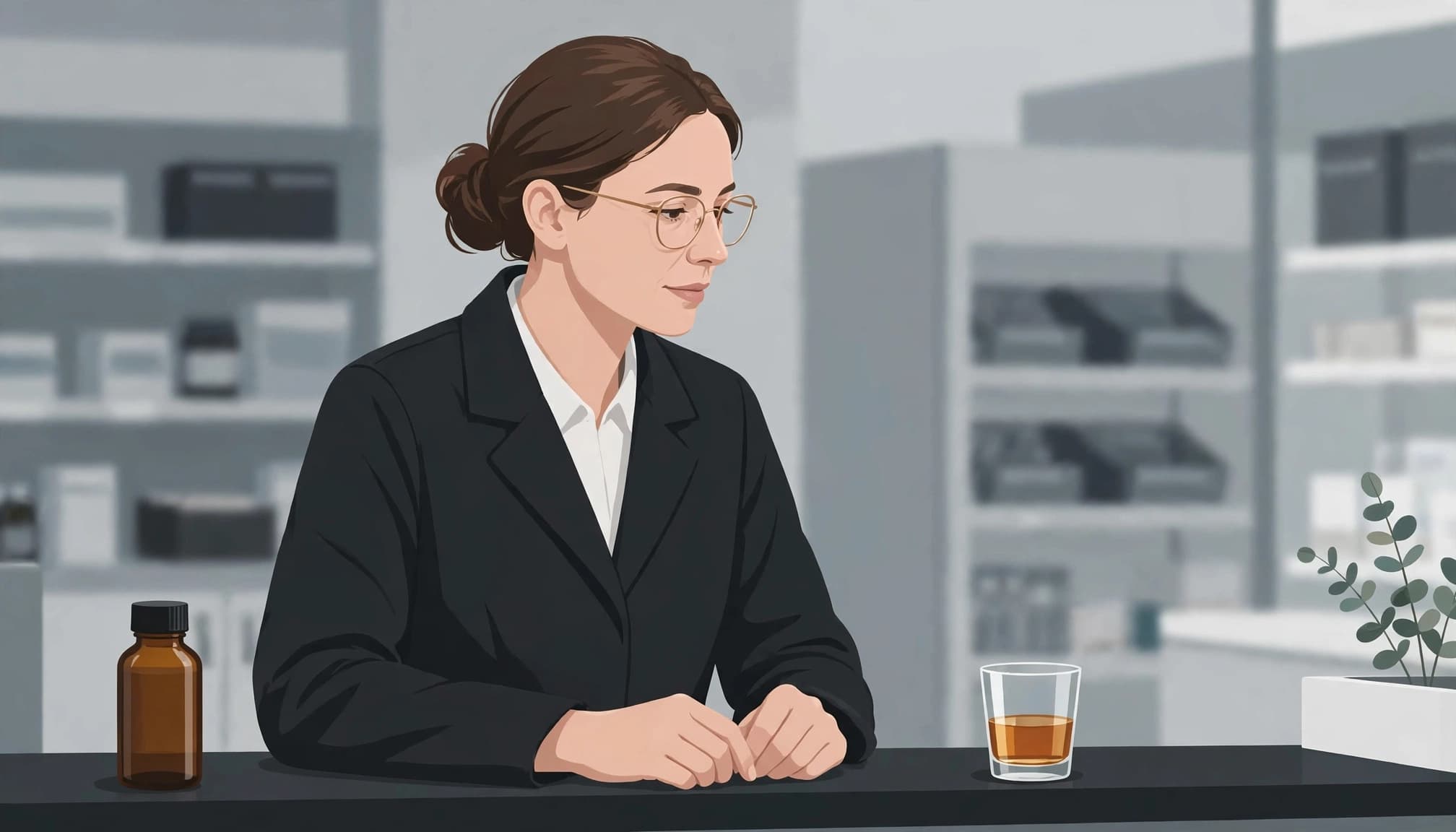 A pharmacist reviews a medicine bottle and separate glass of alcohol at a pharmacy counter.