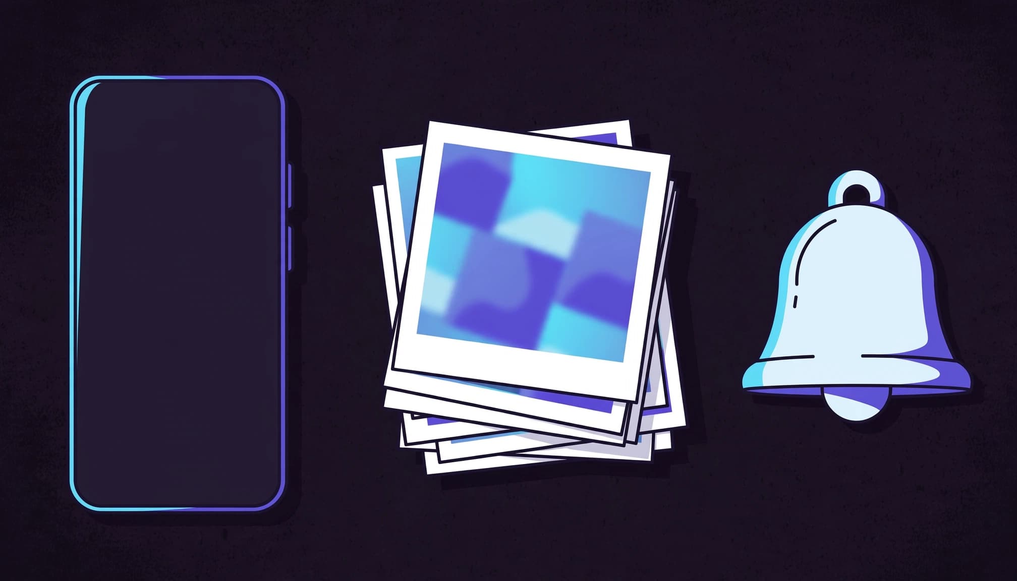 A smartphone beside stacked photo snapshots and a notification bell on a dark tabletop.