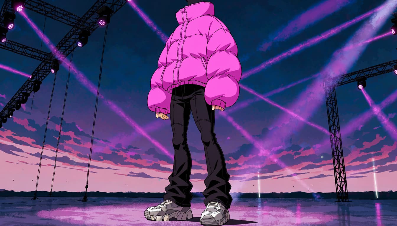A faceless mannequin wearing a pink puffer jacket and black trousers stands on a festival stage at dusk.