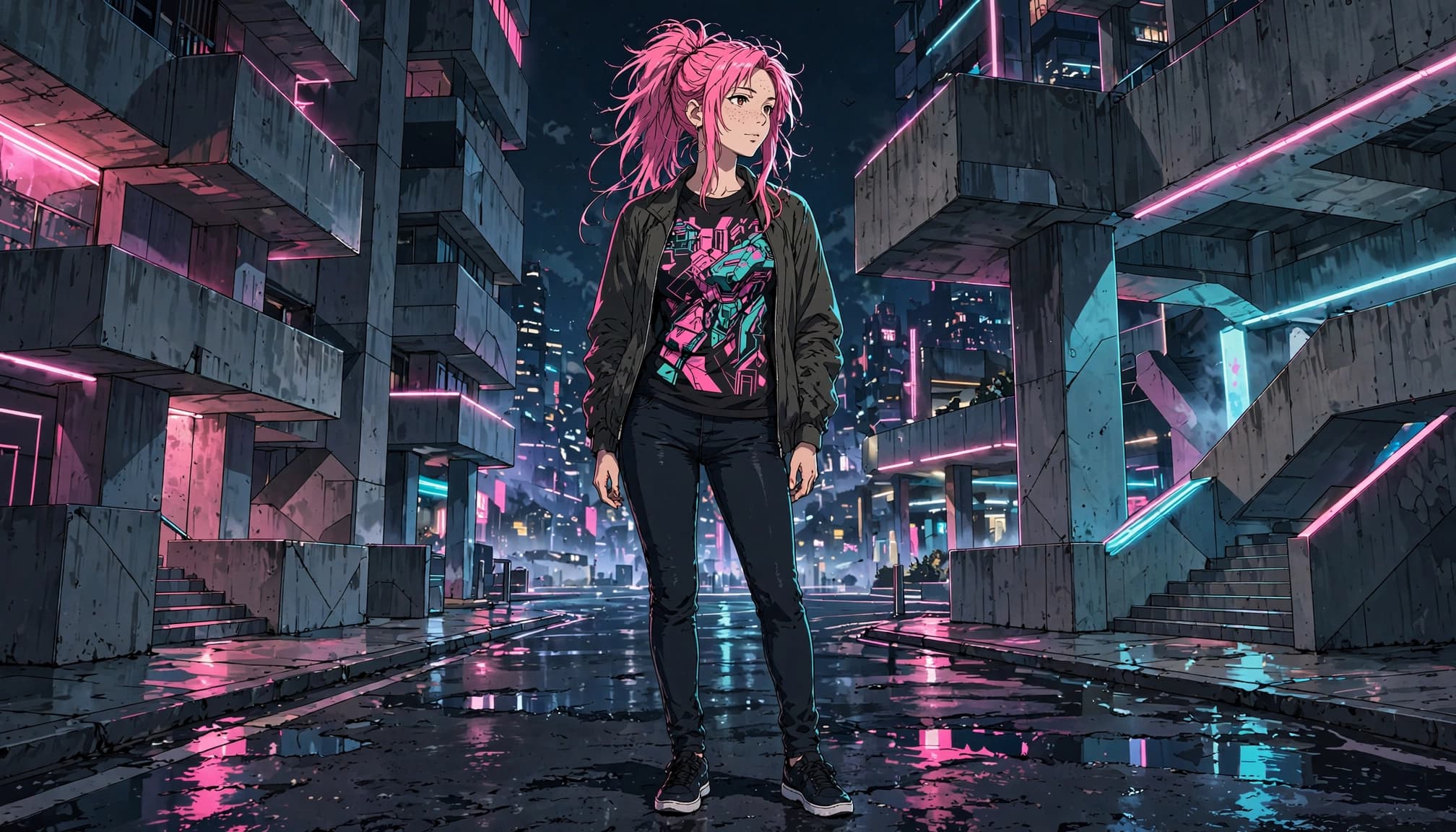 An anime-style woman with pink hair stands on a neon-lit urban street at night.
