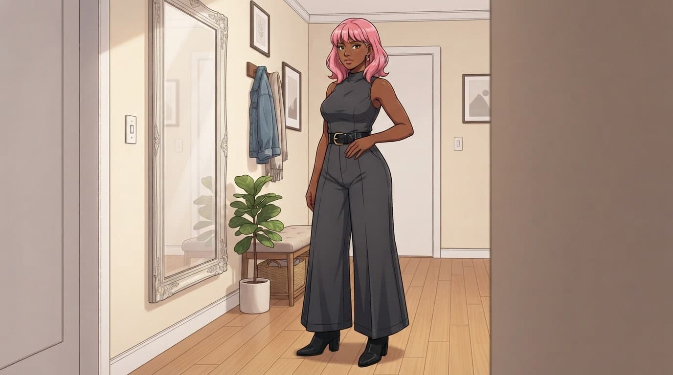 An anime-style woman with pink hair wearing a dark jumpsuit in a hallway with a mirror.